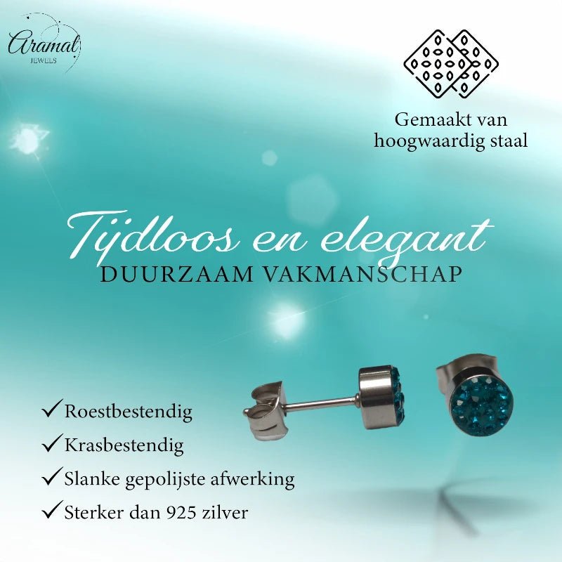Zilverkleurige oorstekers met blauwgroen kristal – 6 mm - oor3080 - Oorbellen kopen# - 6mm - alles - Blauwgroen