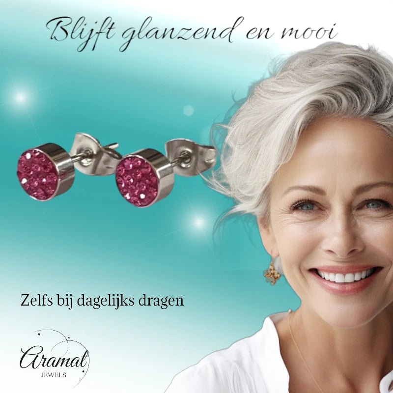 Zilverkleurige oorstekers met fuchsia roze kristallen – 6 mm - oor3089 - Oorbellen kopen# - 6mm - alles - cadeau