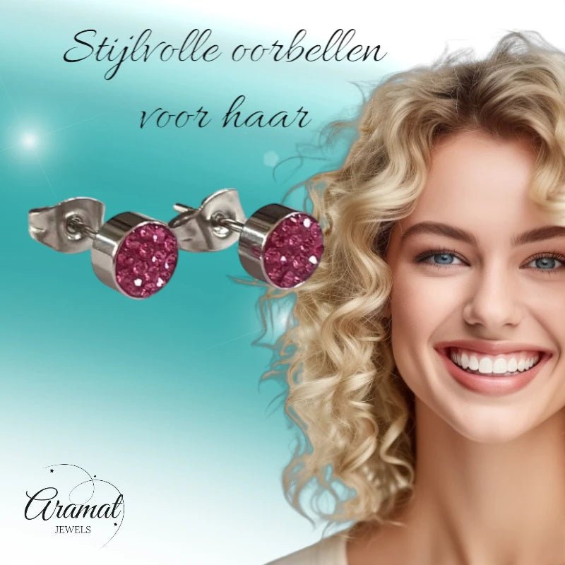 Zilverkleurige oorstekers met fuchsia roze kristallen – 6 mm - oor3089 - Oorbellen kopen# - 6mm - alles - cadeau