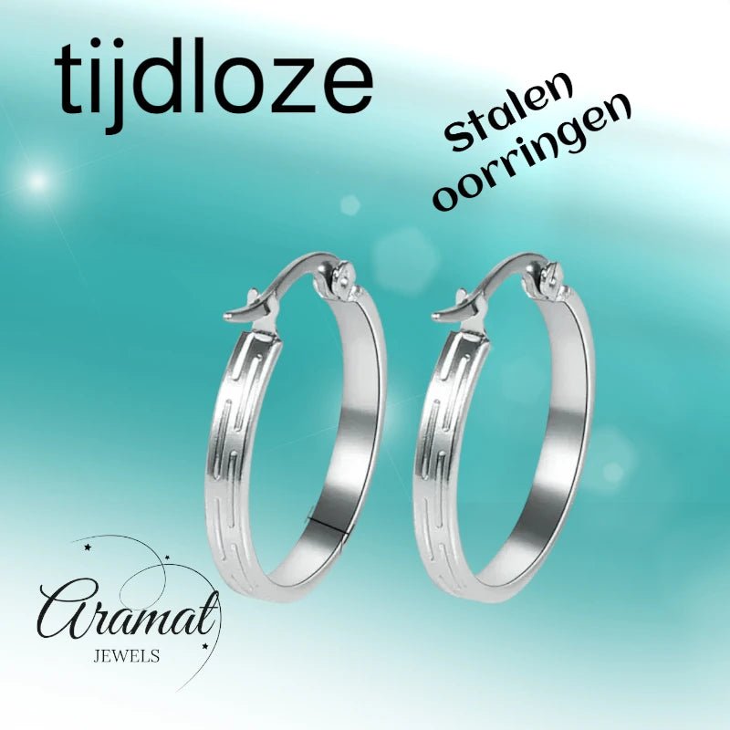 Zilverkleurige RVS Oorringen met Streepjes Motief - 20 mm - Aramat Jewels - Oorringen - cadeautip