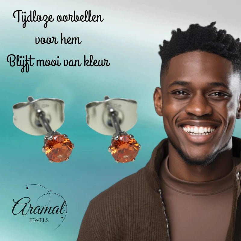Zilverkleurige RVS Oorstekers Geboortesteen Juli - Rood/Oranje - 3 mm - Aramat Jewels - Oorbellen - cadeautip