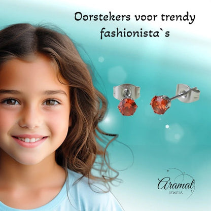 Zilverkleurige RVS Oorstekers Geboortesteen Juli - Rood/Oranje - 4 mm - Aramat Jewels - Oorbellen - cadeautip