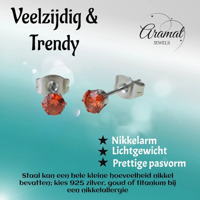 Zilverkleurige RVS Oorstekers Geboortesteen Juli - Rood/Oranje - 4 mm - Aramat Jewels - Oorbellen - cadeautip