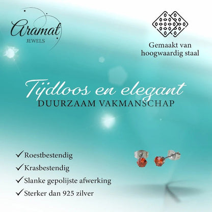 Zilverkleurige RVS Oorstekers Geboortesteen Juli - Rood/Oranje - 4 mm - Aramat Jewels - Oorbellen - cadeautip