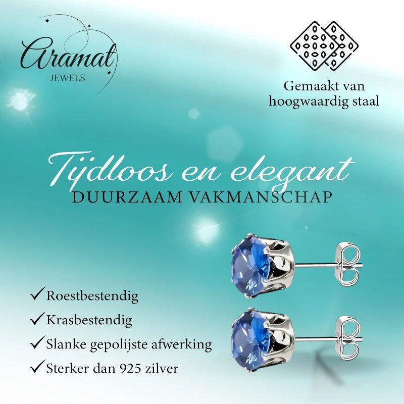 Zilverkleurige RVS Oorstekers met Blauwe Zirkonia - 8 mm - Aramat Jewels - Oorbellen - cadeautip