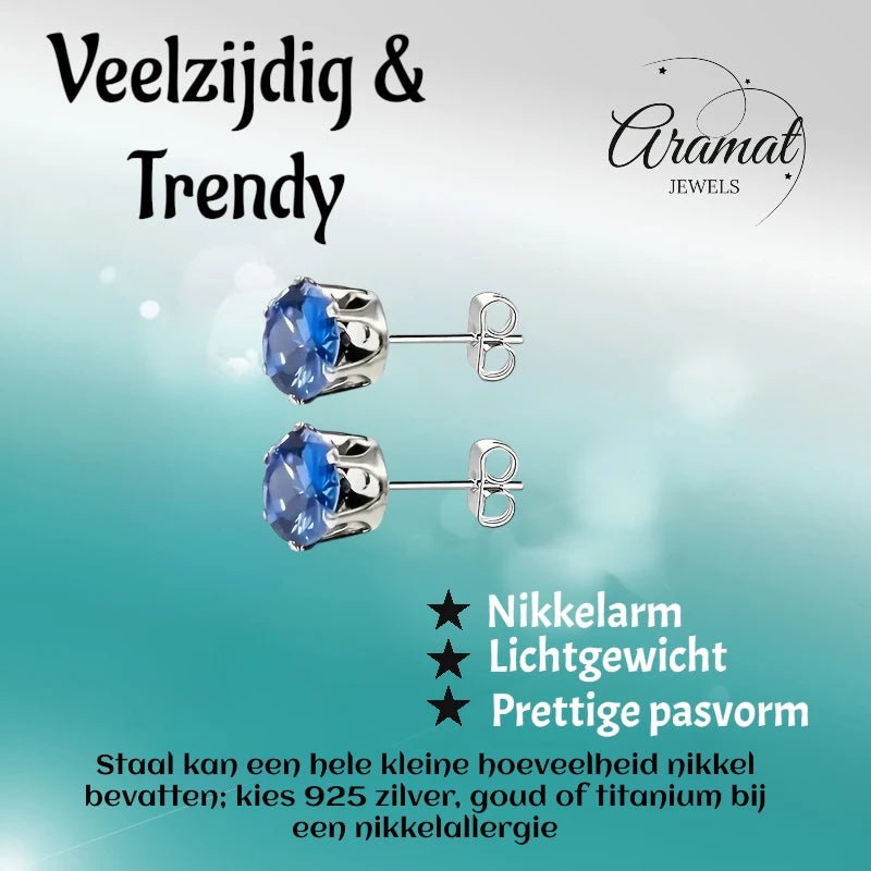 Zilverkleurige RVS Oorstekers met Blauwe Zirkonia - 8 mm - Aramat Jewels - Oorbellen - cadeautip