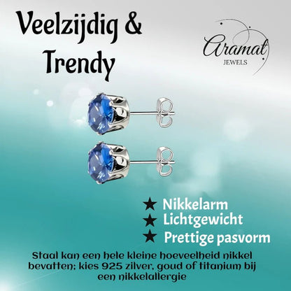 Zilverkleurige RVS Oorstekers met Blauwe Zirkonia - 8 mm - Aramat Jewels - Oorbellen - cadeautip