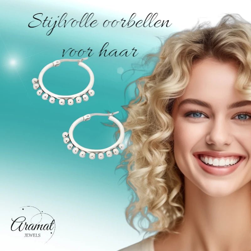 Zilverkleurige Stalen Oorringen met Bolletjes | 20mm - oor1600 - E126 - 004 - Oorringen kopen# - 20mm - alles - boho