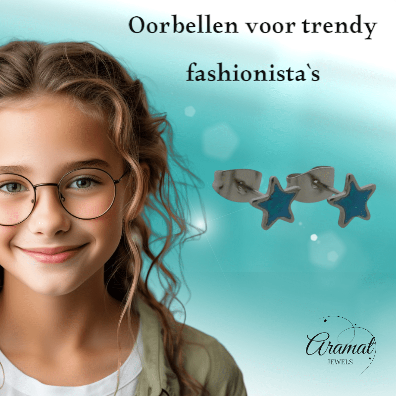 Zilverkleurige Ster Oorbellen Blauw Glitter - oor6179 - YY - Oorbellen kopen# - 6mm - alles - blauw