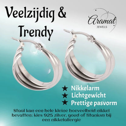 Zilverkleurige Triple Oorringen 20x7,5mm – Glanzend & Gekruist - oor6299 - 613827 - Oorringen kopen# - 20mm - alles - cadeau