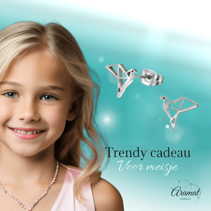 Zilverkleurige Vogel Oorbellen Origami 9mm RVS - Aramat Jewels - Oorbellen - cadeautip
