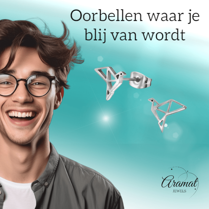 Zilverkleurige Vogel Oorbellen Origami 9mm RVS - Aramat Jewels - Oorbellen - cadeautip