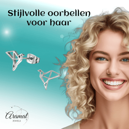 Zilverkleurige Vogel Oorbellen Origami 9mm RVS - Aramat Jewels - Oorbellen - cadeautip