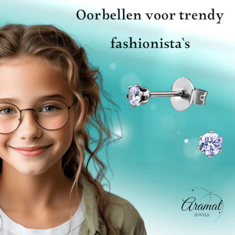 Zilverkleurige Zirkonia Oorbellen 3mm Lila - Aramat Jewels - Oorbellen - cadeautip