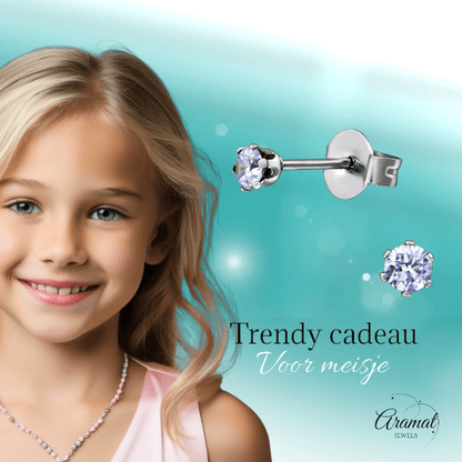 Zilverkleurige Zirkonia Oorbellen 3mm Lila - Aramat Jewels - Oorbellen - cadeautip