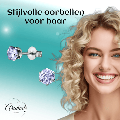 Zilverkleurige Zirkonia Oorbellen 5mm Lila - Aramat Jewels - Oorbellen - cadeautip