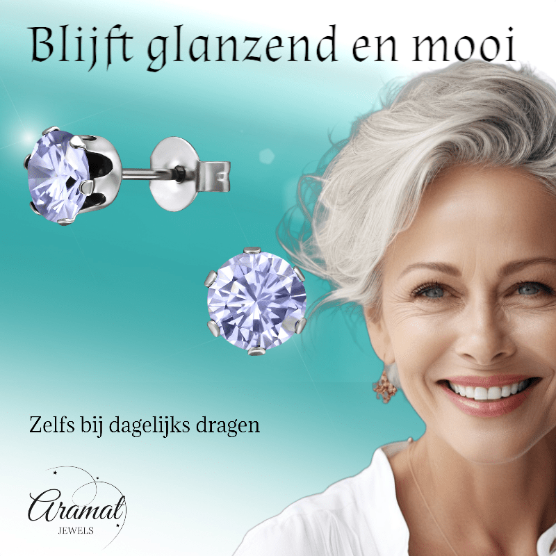 Zilverkleurige Zirkonia Oorbellen 6mm Lila - Aramat Jewels - Oorbellen - cadeautip