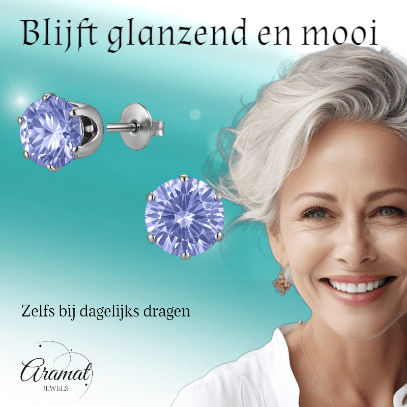 Zilverkleurige Zirkonia Oorbellen 8mm Lila - Aramat Jewels - Oorbellen - cadeautip