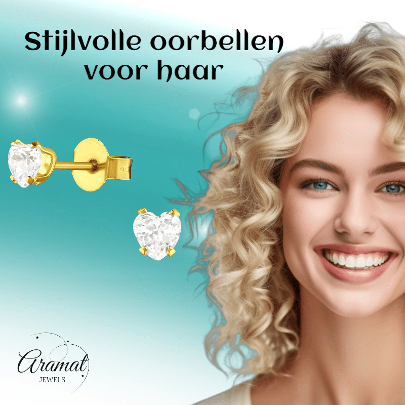 Zirkonia Hart Oorbellen Goudkleur – 4mm - Aramat Jewels - Oorbellen - cadeautip