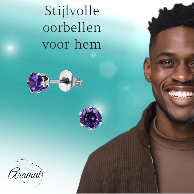 Zirkonia Oorbellen 4mm Paars RVS - Aramat Jewels - Oorbellen - cadeautip