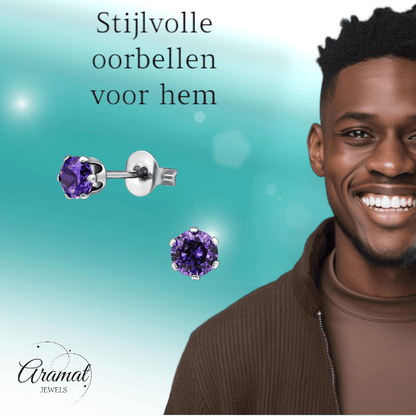 Zirkonia Oorbellen 4mm Paars RVS - Aramat Jewels - Oorbellen - cadeautip