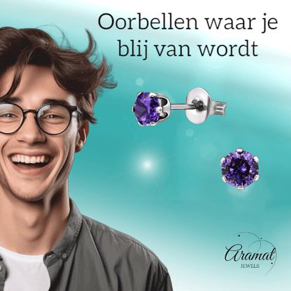 Zirkonia Oorbellen 4mm Paars RVS - Aramat Jewels - Oorbellen - cadeautip