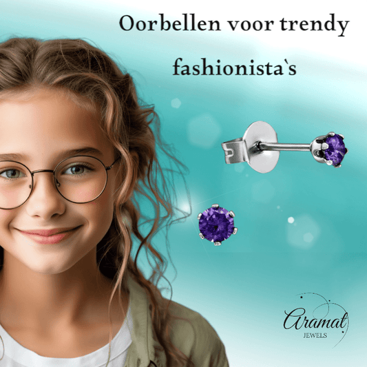 Zirkonia Oorbellen Paars – 3mm RVS - Aramat Jewels - Oorbellen - cadeautip