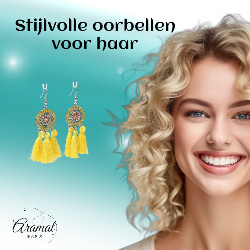 Zomerse Boho Oorhangers Kwastjes Geel 75mm - Aramat Jewels - Oorbellen - cadeautip