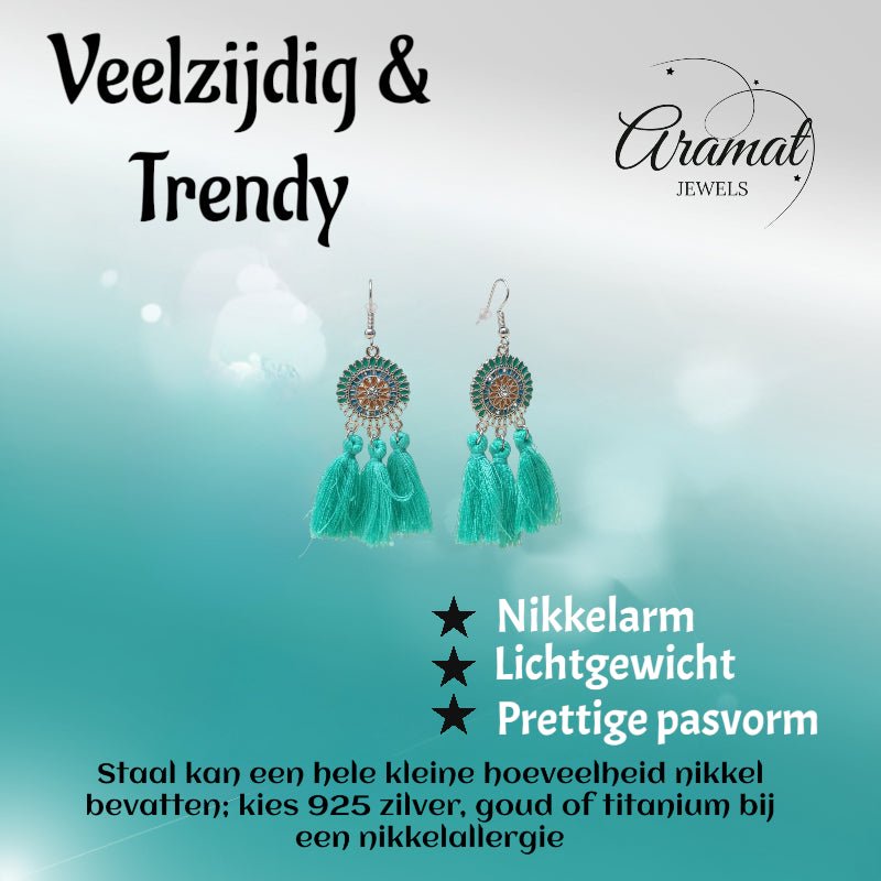 Zomerse Boho Oorhangers Kwastjes Mint 75mm - Aramat Jewels - Oorbellen - cadeautip