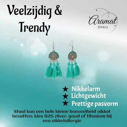 Zomerse Boho Oorhangers Kwastjes Mint 75mm - Aramat Jewels - Oorbellen - cadeautip