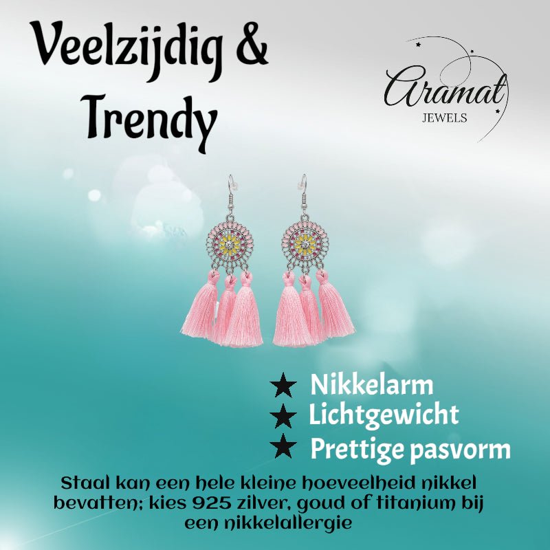 Zomerse Boho Oorhangers Kwastjes Roze 75mm - Aramat Jewels - Oorbellen - cadeautip