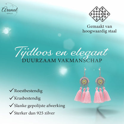 Zomerse Boho Oorhangers Kwastjes Roze 75mm - Aramat Jewels - Oorbellen - cadeautip