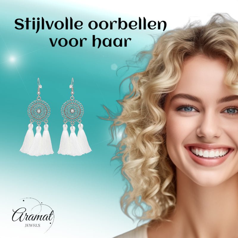 Zomerse Boho Oorhangers Kwastjes Wit 75mm - Aramat Jewels - Oorbellen - cadeautip