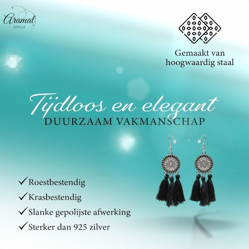 Zomerse Boho Oorhangers Kwastjes Zwart 75mm - Aramat Jewels - Oorbellen - cadeautip