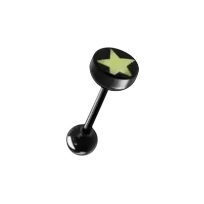 Aramat Jewels black bioplast tongue piercing with a light yellow star design on the top ball.