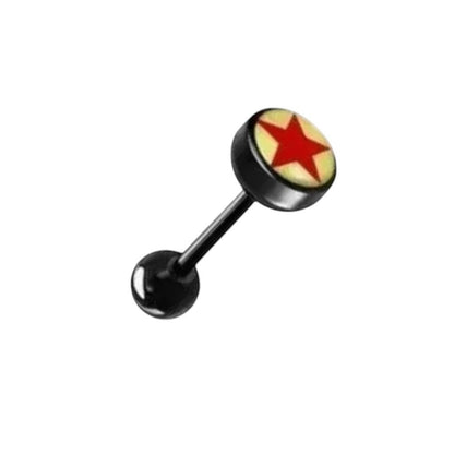 Aramat Jewels black bioplast tongue piercing with a red star on a yellow background. Features a 16mm bar.