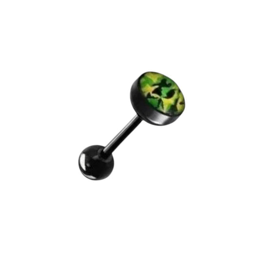 Aramat Jewels black bioplast tongue piercing with a green and black patterned top. Comfortable for daily wear.