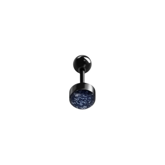 Aramat Jewels black bioplast tongue piercing with glittery blue ends. Bar is 16mm long, 1.6mm thick.