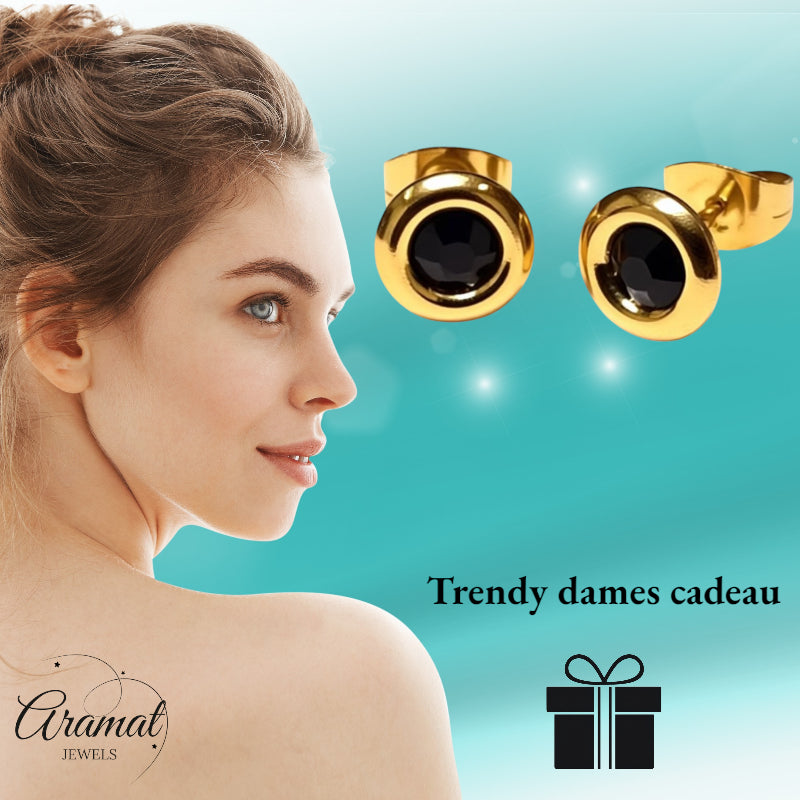 Black Crystal Earrings gold color - 8mm