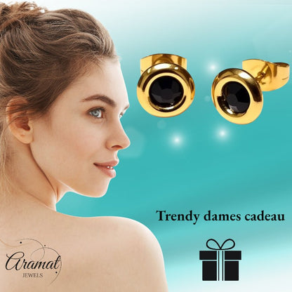 Zwarte Kristal Oorbellen goudkleur - 8mm - Aramat Jewels - Oorbellen - cadeautip