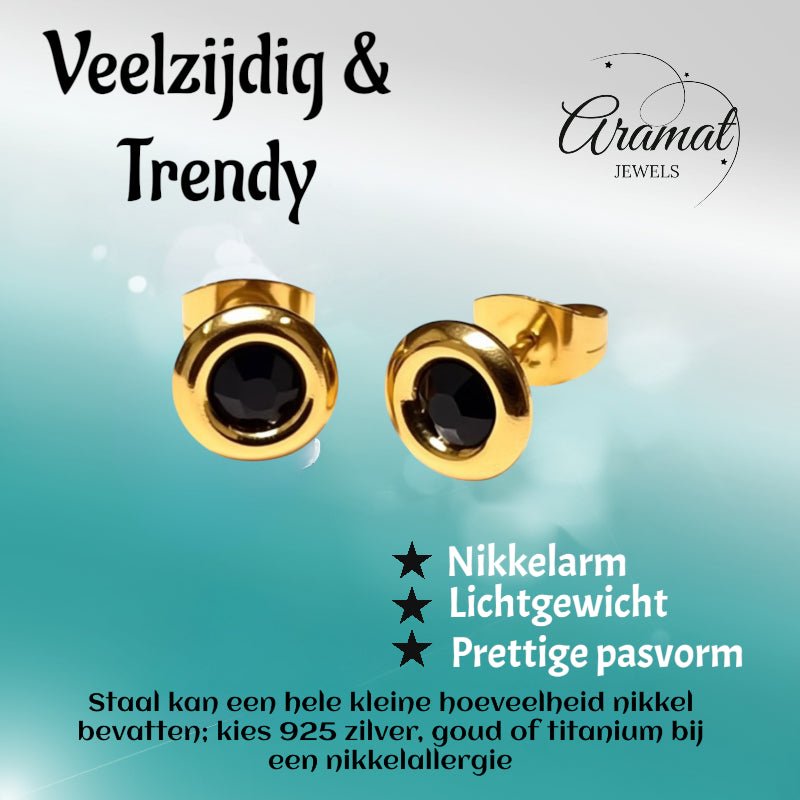 Zwarte Kristal Oorbellen goudkleur - 8mm - Aramat Jewels - Oorbellen - cadeautip
