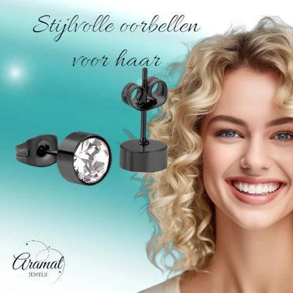 Zwarte Kristal Oorbellen Staal | 7mm - oor3752 - Oorbellen kopen# - 7mm - alles