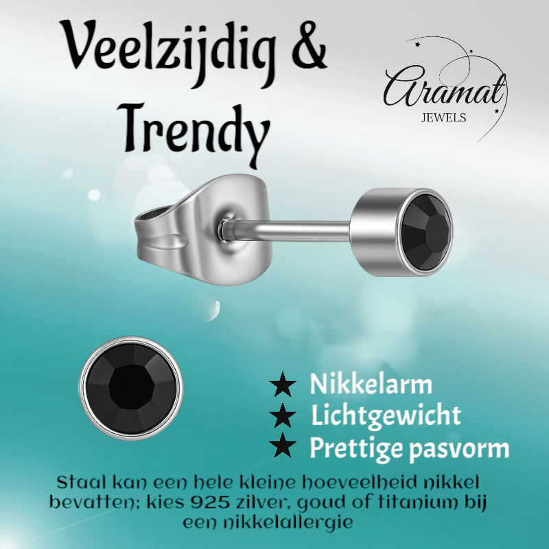 Zwarte kristal oorstekers – 4mm zilver RVS - Aramat Jewels - Oorbellen - cadeautip