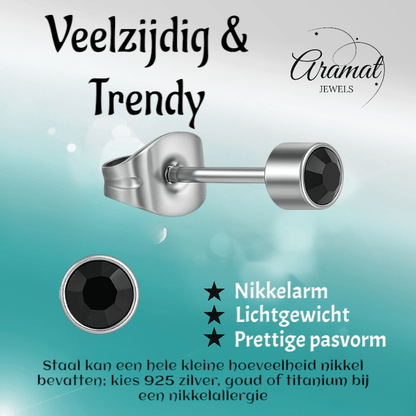 Zwarte kristal oorstekers – 4mm zilver RVS - Aramat Jewels - Oorbellen - cadeautip
