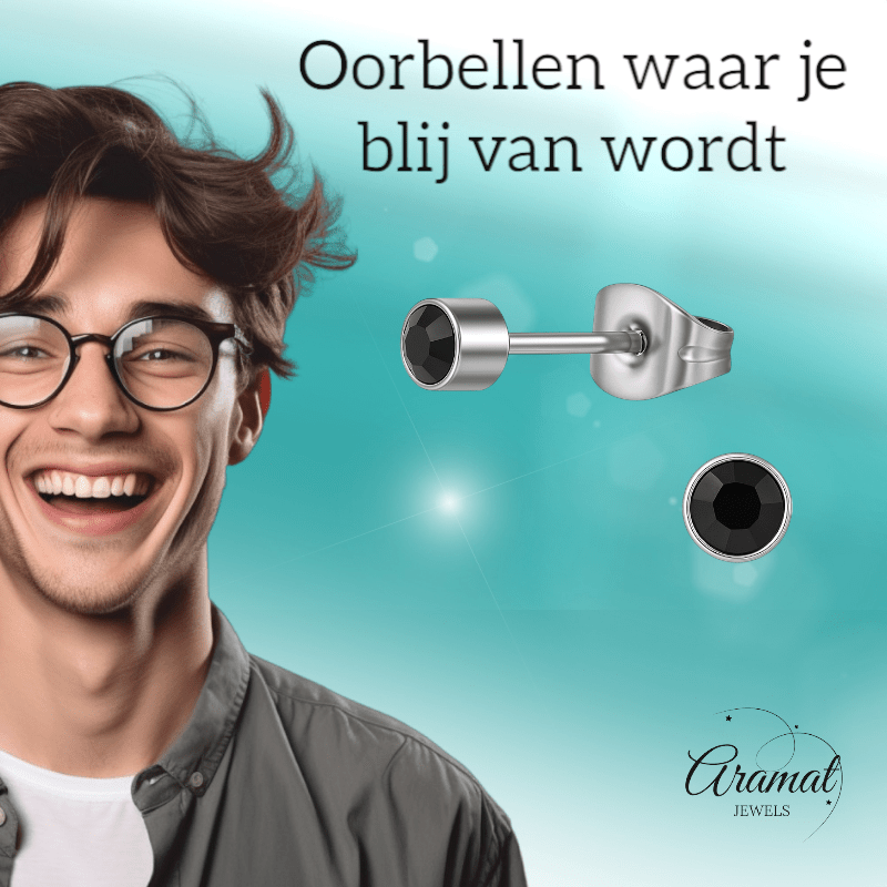 Zwarte kristal oorstekers – 4mm zilver RVS - Aramat Jewels - Oorbellen - cadeautip