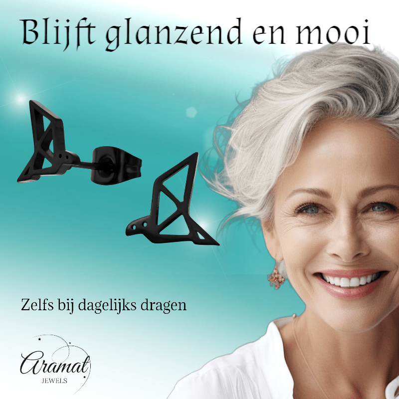 Zwarte Oorbellen Vogel Origami 9mm RVS - Aramat Jewels - Oorbellen - cadeautip