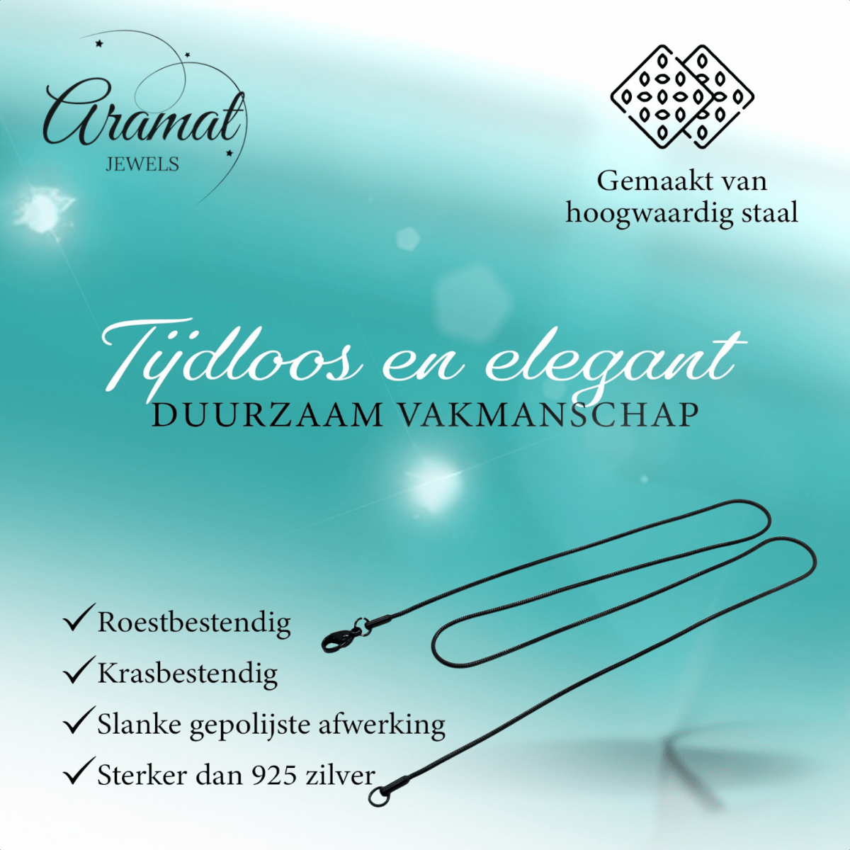 Zwarte Ronde Slangenketting Staal - Soepele Snake Chain Ketting - Aramat Jewels - RVS Sieraden - Halskettingen - cadeautip
