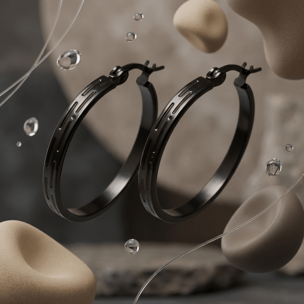 Zwarte RVS Oorringen met Grieks Motief - 25 mm - Aramat Jewels - Oorringen - cadeautip