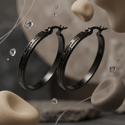 Zwarte RVS Oorringen met Grieks Motief - 25 mm - Aramat Jewels - Oorringen - cadeautip