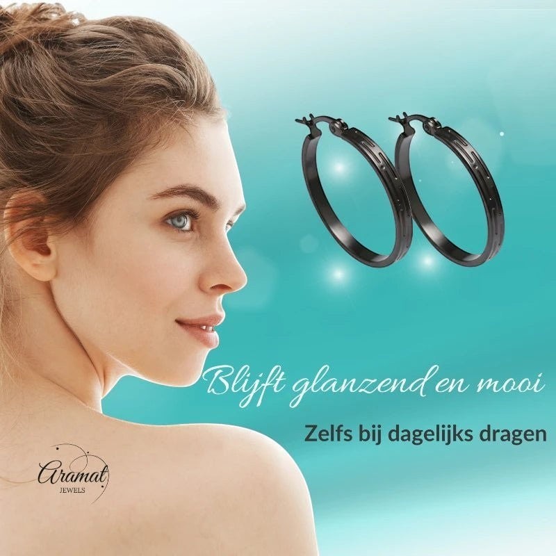 Zwarte RVS Oorringen met Grieks Motief - 25 mm - Aramat Jewels - Oorringen - cadeautip